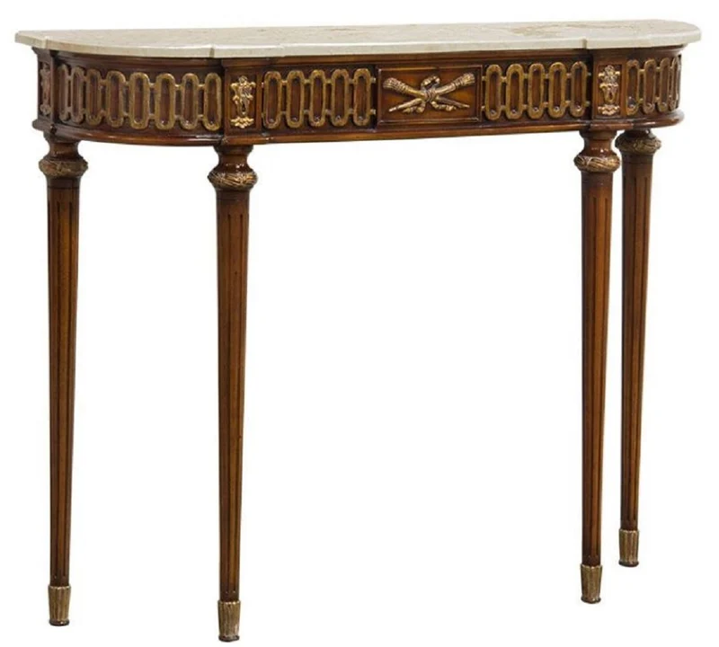Casa Padrino Luxus Barock Konsole Braun / Gold / Cremefarben - Handgefertigter Massivholz Konsolentisch mit edlen Verzierungen und Marmorplatte - Barock Möbel