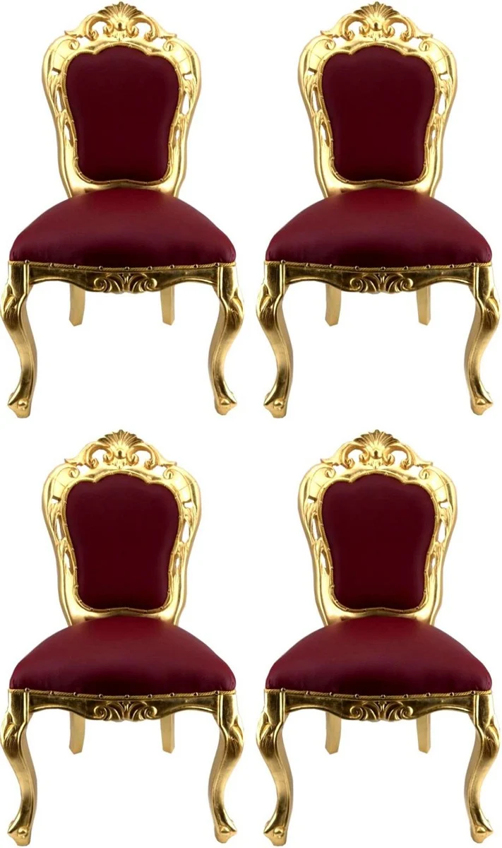 Casa Padrino Luxus Barock Esszimmerstuhl Set Bordeauxrot / Gold - 4 handgefertigte Esszimmerstühle mit Lederoptik - Barock Esszimmer Möbel