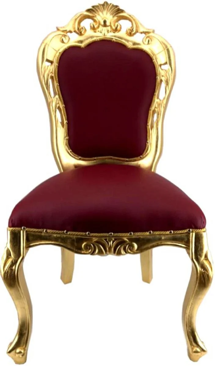 Casa Padrino Luxus Barock Esszimmerstuhl Set Bordeauxrot / Gold - 4 handgefertigte Esszimmerstühle mit Lederoptik - Barock Esszimmer Möbel