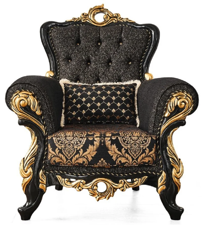 Casa Padrino Luxus Barock Wohnzimmer Set Braun / Schwarz / Gold - 2 Sofas & 2 Sessel & 1 Couchtisch & 2 Beistelltische - Wohnzimmer Möbel im Barockstil - Edel & Prunkvoll