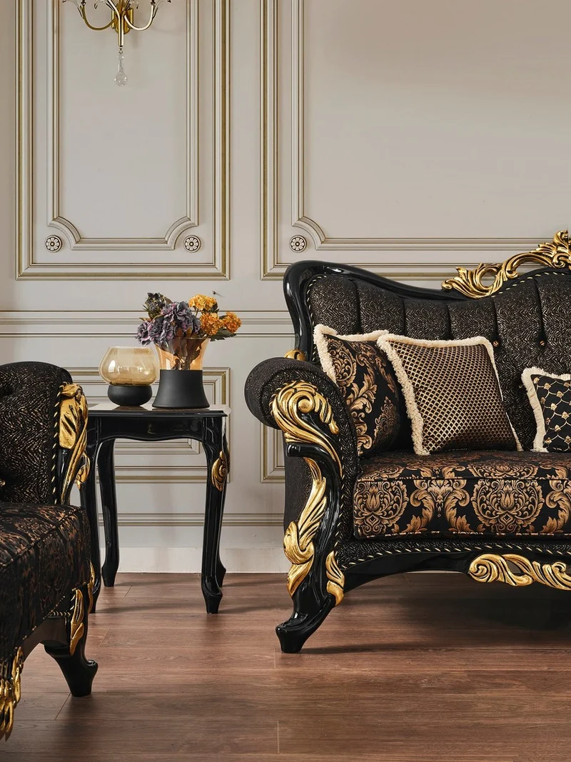 Casa Padrino Luxus Barock Wohnzimmer Set Braun / Schwarz / Gold - 2 Sofas & 2 Sessel & 1 Couchtisch & 2 Beistelltische - Wohnzimmer Möbel im Barockstil - Edel & Prunkvoll