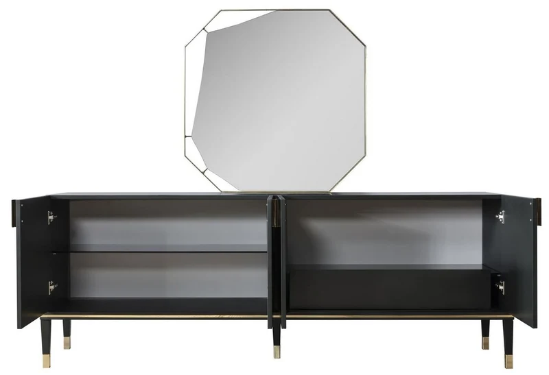 Casa Padrino Luxus Möbel Set Schwarz / Gold - 1 Sideboard mit 4 Türen & 1 Spiegel - Moderne Massivholz Möbel - Luxus Kollektion
