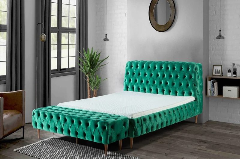 Casa Padrino Luxus Chesterfield Doppelbett Grün / Braun - Verschiedene Größen - Modernes Bett mit Matratze und Sitzbank - Schlafzimmer Möbel