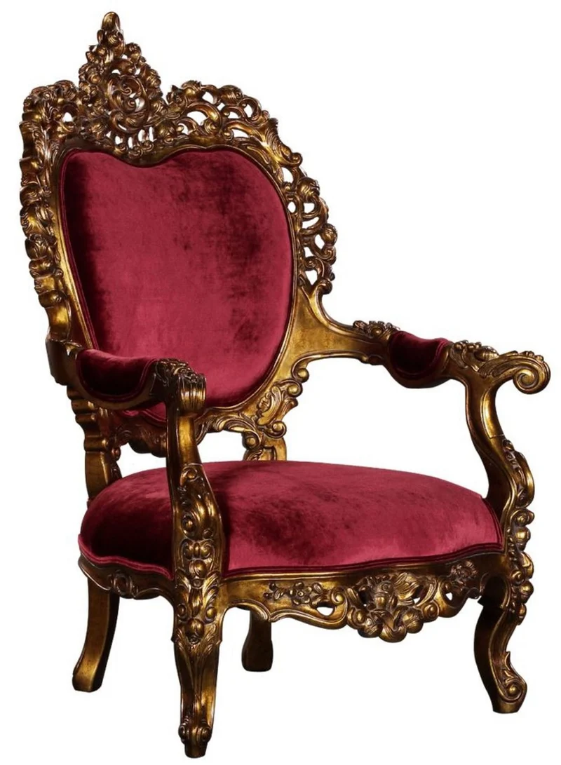 Casa Padrino Luxus Barock Wohnzimmer Sessel Bordeauxrot / Antik Gold - Prunkvoller Thron Sessel mit edlen Verzierungen - Handgefertigte Barock Wohnzimmer Möbel