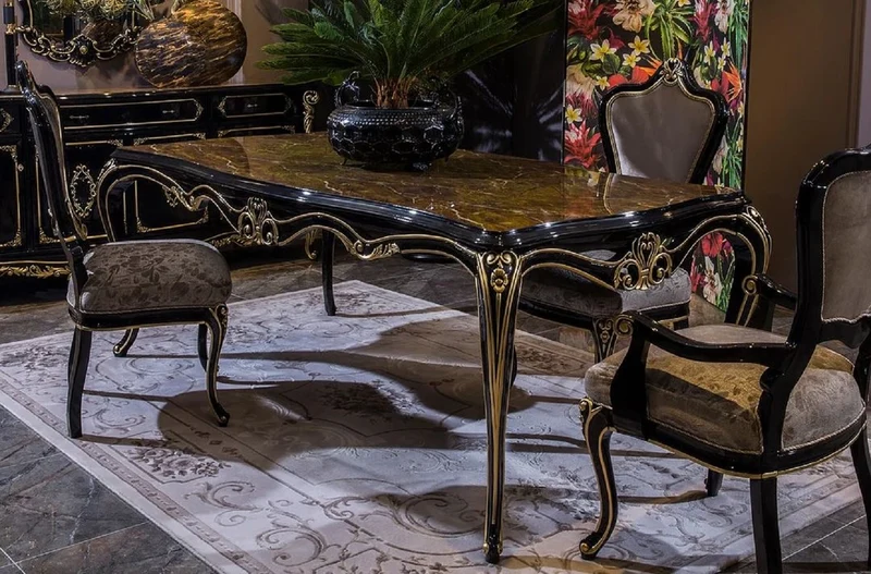 Casa Padrino Luxus Barock Esstisch Schwarz / Gold - Prunkvoller Massivholz Esszimmertisch - Barock Esszimmer Möbel - Edel & Prunkvoll
