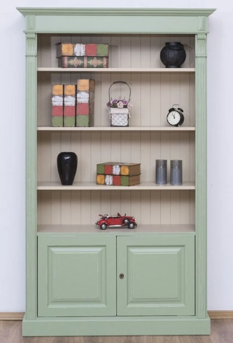 Casa Padrino Landhausstil Bücherschrank Grün / Grau 120 x 39 x H. 197 cm - Massivholz Schrank - Wohnzimmerschrank - Büroschrank - Landhausstil Möbel