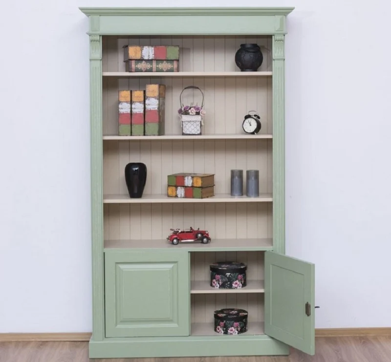 Casa Padrino Landhausstil Bücherschrank Grün / Grau 120 x 39 x H. 197 cm - Massivholz Schrank - Wohnzimmerschrank - Büroschrank - Landhausstil Möbel