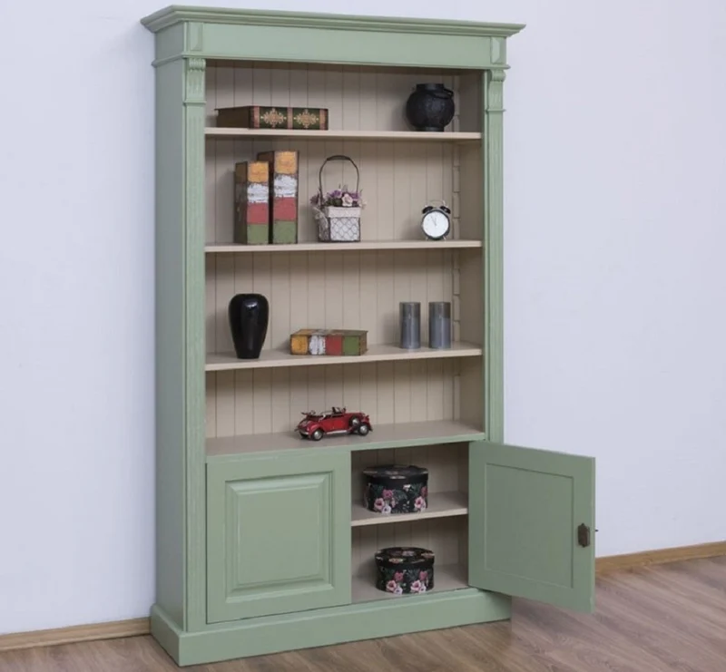 Casa Padrino Landhausstil Bücherschrank Grün / Grau 120 x 39 x H. 197 cm - Massivholz Schrank - Wohnzimmerschrank - Büroschrank - Landhausstil Möbel