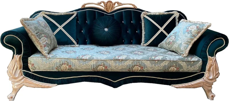 Casa Padrino Luxus Barock Sofa Türkis / Grün / Creme - Prunkvolles Wohnzimmer Sofa mit elegantem Blumenmuster und Glitzersteinen - Barock Wohnzimmer Möbel