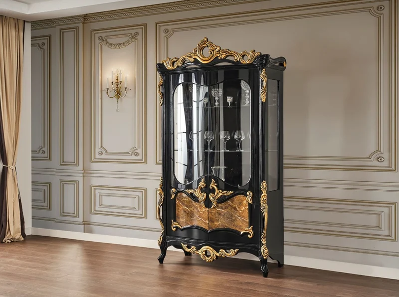 Casa Padrino Luxus Barock Vitrine Schwarz / Braun / Gold 156 x 50 x H. 220 cm - Prunkvoller Massivholz Vitrinenschrank mit 2 Glastüren - Barock Möbel