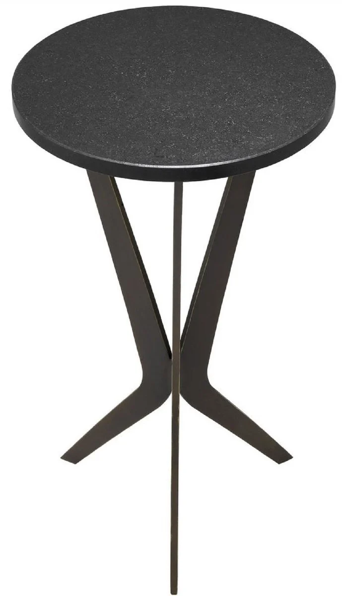 Casa Padrino Luxus Beistelltisch Schwarz / Bronzefarben Ø 30,5 x H. 52 cm - Runder Tisch mit Granitplatte und Metall Beinen - Wohnzimmer Möbel - Luxus Möbel