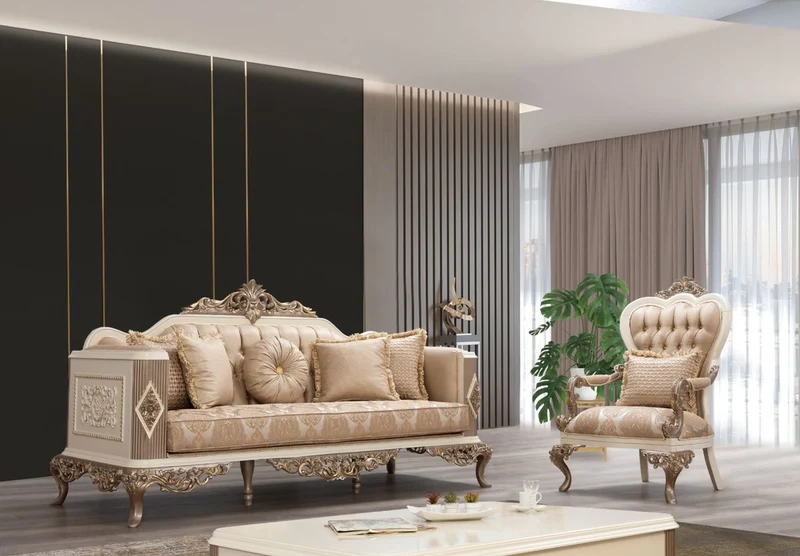 Casa Padrino Luxus Barock Wohnzimmer Set Braun / Weiß / Gold - 2 Sofas & 2 Sessel & 1 Couchtisch - Prunkvolle Barock Wohnzimmer Möbel