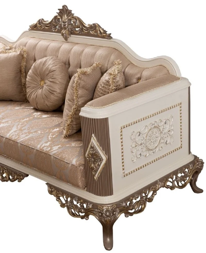 Casa Padrino Luxus Barock Sofa Braun / Silber / Weiß / Braun / Gold 234 x 93 x H. 124 cm - Prunkvolles handgefertigtes Wohnzimmer Sofa mit dekorativen Kissen - Barock Wohnzimmer Möbel