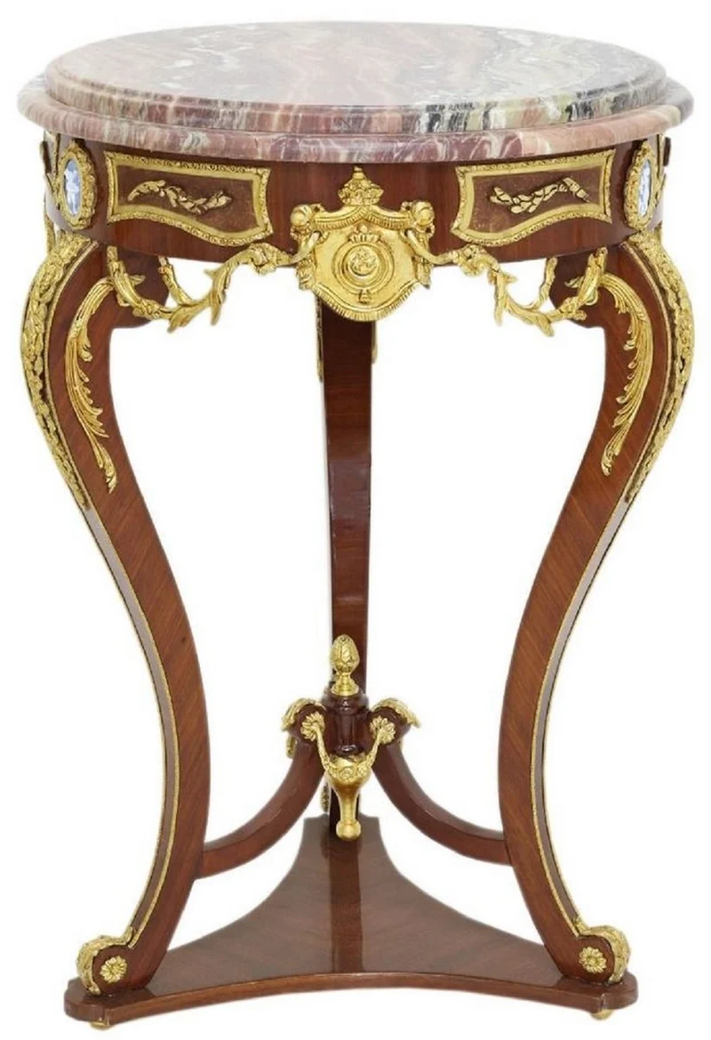 Casa Padrino Barock Beistelltisch Braun / Gold / Rot Ø 55 x H. 78 cm - Runder Massivholz Tisch im Barockstil - Barock Wohnzimmer Möbel
