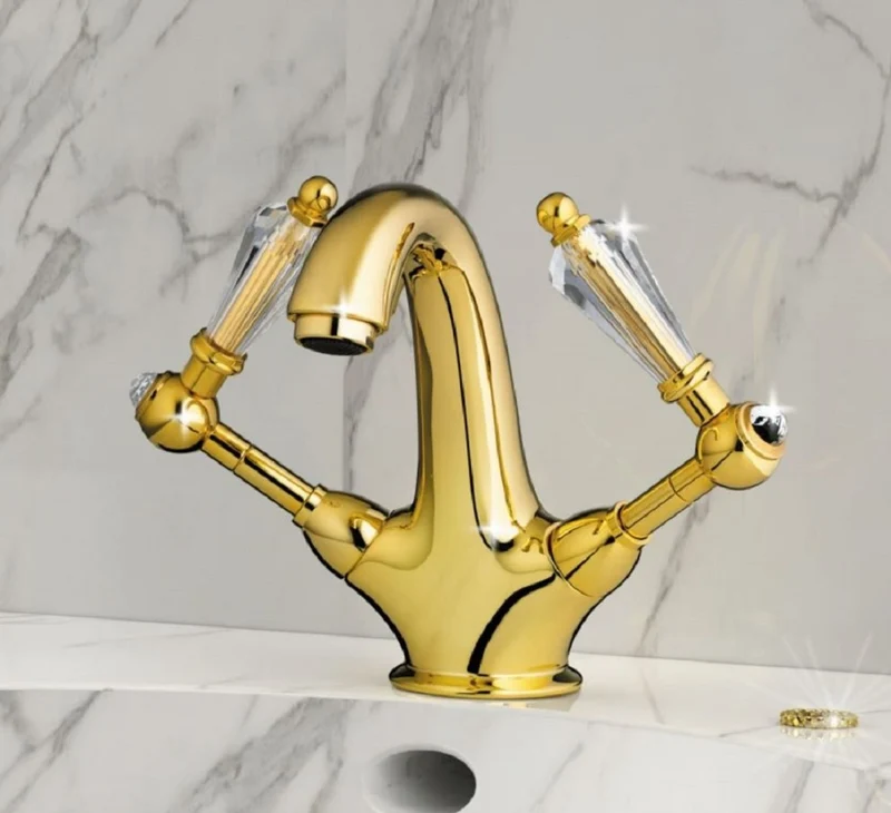 Casa Padrino Luxus Jugendstil Waschtisch Armatur mit Swarovski Kristallglas Gold H. 17,5 cm - Nostalgisches Bad Zubehör - Luxus Qualität - Made in Italy