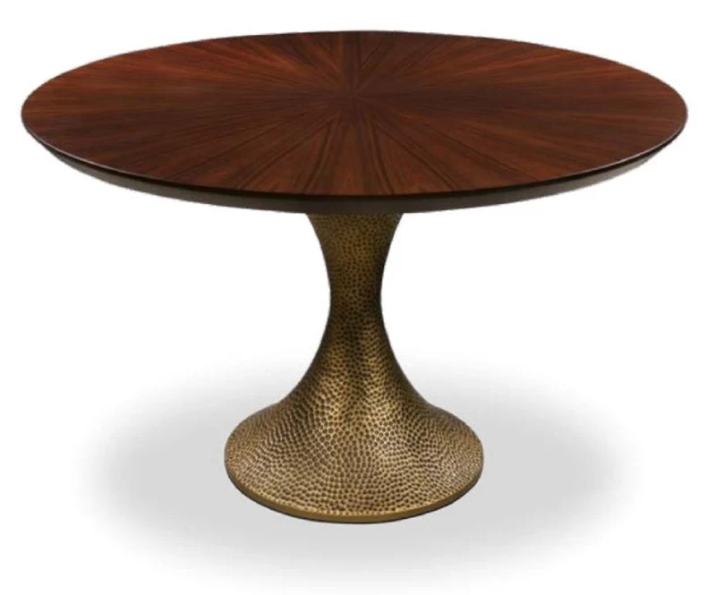 Casa Padrino Luxus Esstisch Braun / Antik Gold Ø 160 x H. 76 cm - Runder Küchentisch mit edler Eichenfurnier Tischplatte und Tischbein in gehämmerter Optik - Luxus Esszimmmer Möbel