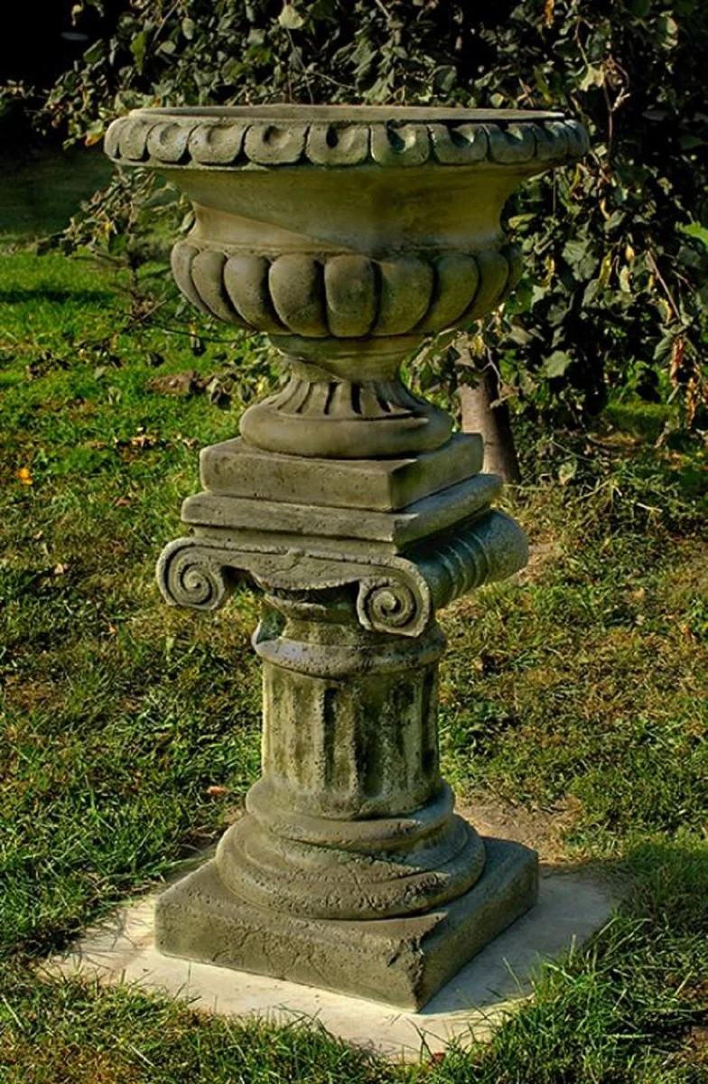 Casa Padrino Barock Blumentopf mit Säule Grau Ø 55 x H. 99 cm - Prunkvoller Pflanzentopf mit Gartensäule im Barockstil - Barock Garten Deko Accessoires