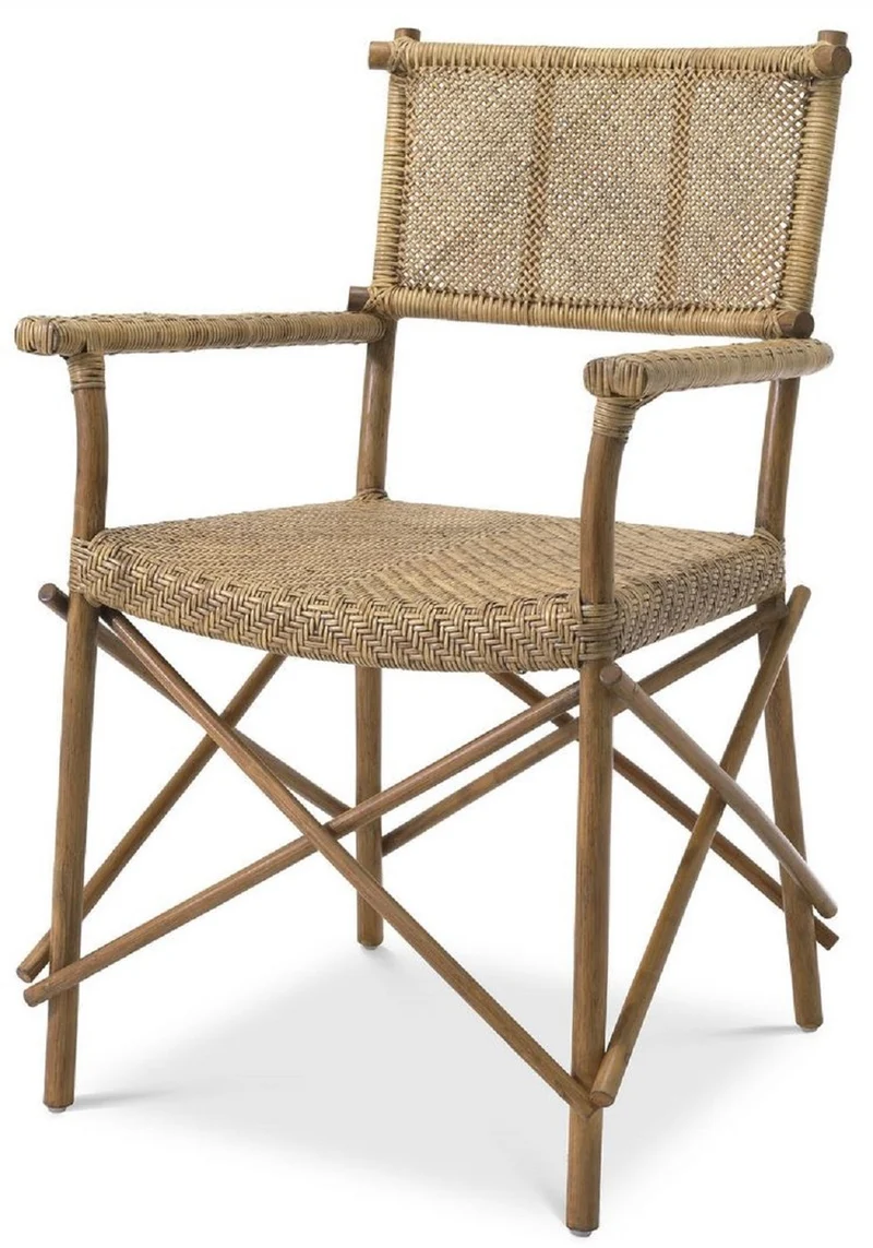 Casa Padrino Luxus Esszimmerstuhl Naturfarben 58,5 x 55,5 x H. 91,5 cm - Massivholz Stuhl mit Armlehnen und handgewebtem Rattangeflecht - Luxus Esszimmer Möbel