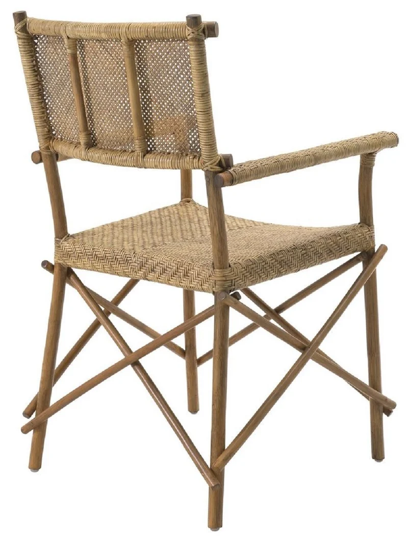 Casa Padrino Luxus Esszimmerstuhl Naturfarben 58,5 x 55,5 x H. 91,5 cm - Massivholz Stuhl mit Armlehnen und handgewebtem Rattangeflecht - Luxus Esszimmer Möbel