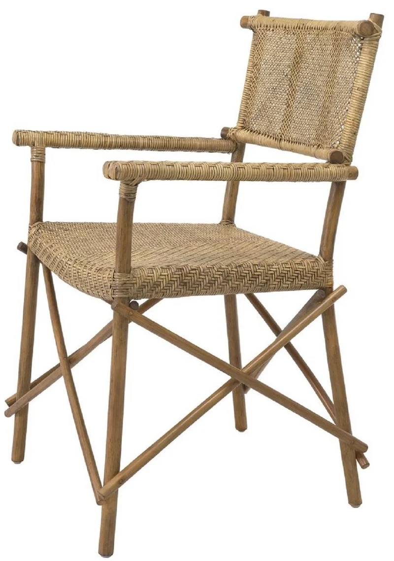 Casa Padrino Luxus Esszimmerstuhl Naturfarben 58,5 x 55,5 x H. 91,5 cm - Massivholz Stuhl mit Armlehnen und handgewebtem Rattangeflecht - Luxus Esszimmer Möbel