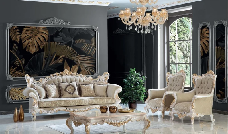 Casa Padrino Luxus Barock Sofa Greige / Weiß / Gold 230 x 95 x H. 130 cm - Handgefertigtes Wohnzimmer Sofa mit elegantem Muster - Barock Wohnzimmer Möbel - Edel & Prunkvoll