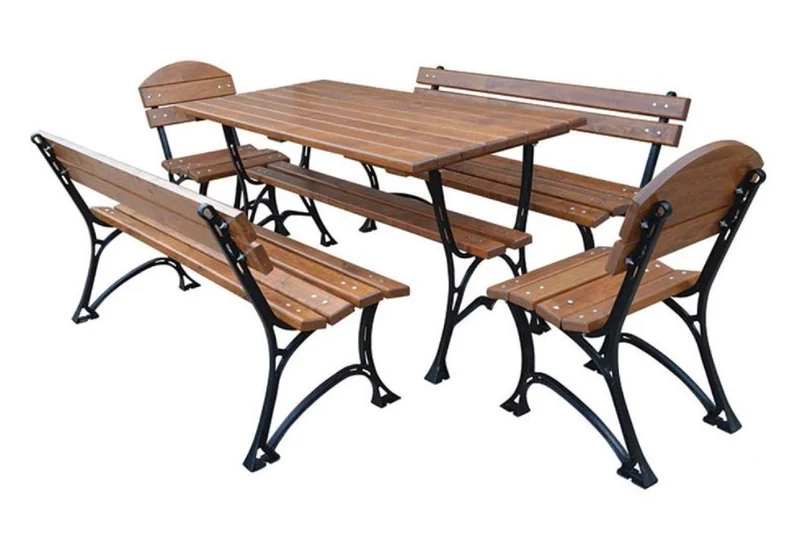 Casa Padrino Jugendstil Gartenmöbel Set Braun / Schwarz - 1 Tisch & 2 Sitzbänke & 2 Stühle - Gastronomie & Garten Möbel Massivholz