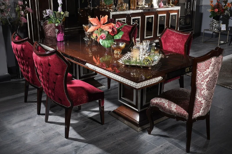 Casa Padrino Luxus Barock Esszimmerstuhl Bordeauxrot / Dunkelbraun / Silber - Handgefertigter Massivholz Küchenstuhl - Prunkvolle Esszimmer Möbel im Barockstil