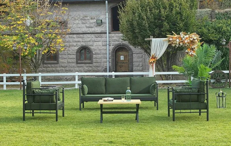 Casa Padrino Jugendstil Gartenmöbel Set Dunkelgrün / Schwarz - 1 Sofa & 2 Sessel & 1 Tisch - Garten & Terrassen Möbel im Jugendstil