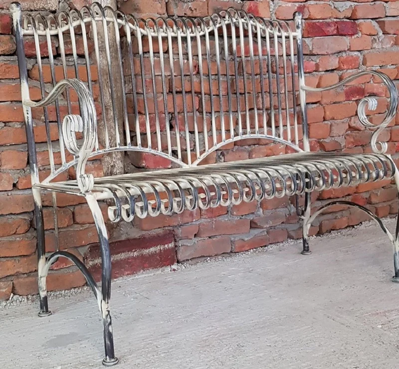 Casa Padrino Jugendstil Gartenbank Antik Beige 125 x 55 x H. 115 cm - Handgefertigte Schmiedeeisen Bank - Sitzbank mit Armlehnen - Barock & Jugendstil Garten Möbel