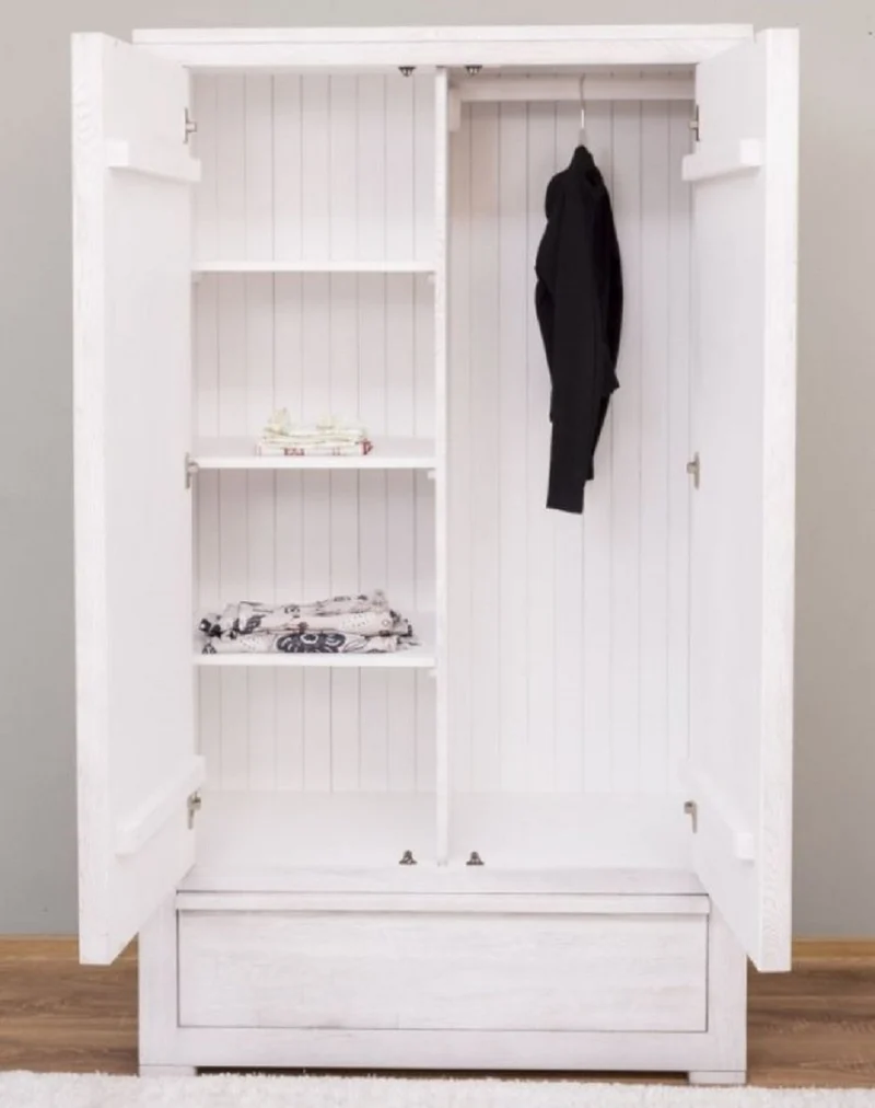 Casa Padrino Landhausstil Kleiderschrank Weiß 110 x 53 x H. 190 cm - Massivholz Schlafzimmerschrank mit 2 Türen und Schublade - Landhausstil Schlafzimmer Möbel