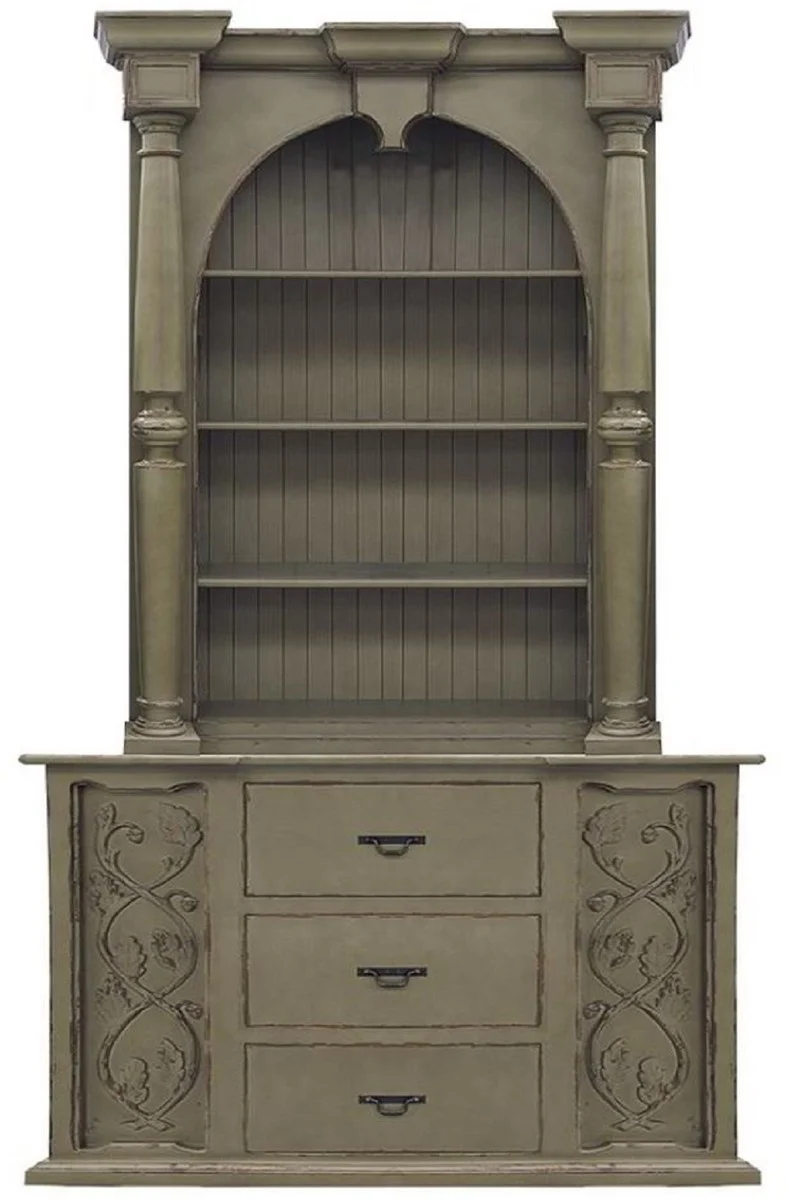 Casa Padrino Luxus Landhausstil Schrank Antik Olivgrün - Handgefertigter Massivholz Regalschrank - Wohnzimmerschrank - Esszimmerschrank - Landhausstil Möbel