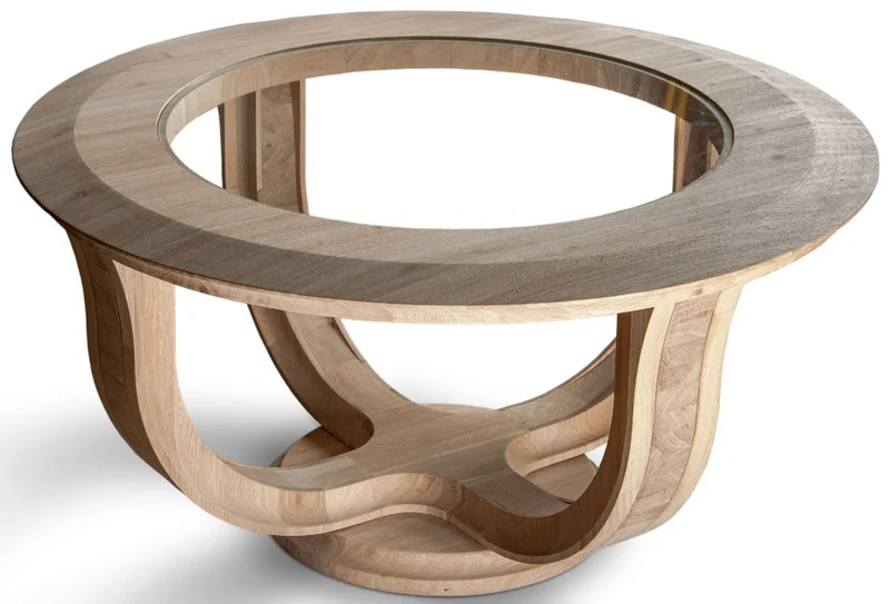 Casa Padrino Luxus Massivholz Couchtisch Naturfarben Ø 73 x H. 43 cm - Runder Eichenholz Wohnzimmertisch mit Glasplatte - Massivholz Wohnzimmer Möbel
