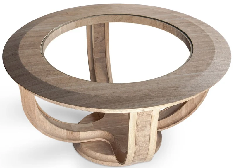 Casa Padrino Luxus Massivholz Couchtisch Naturfarben Ø 73 x H. 43 cm - Runder Eichenholz Wohnzimmertisch mit Glasplatte - Massivholz Wohnzimmer Möbel