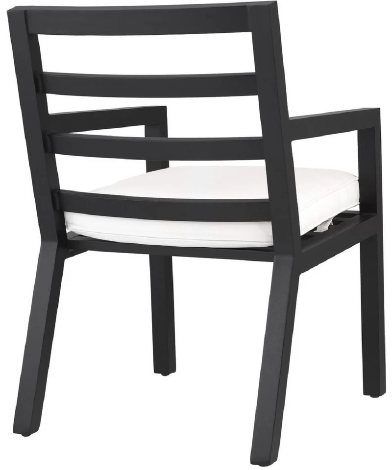 Casa Padrino Luxus Esszimmerstuhl mit Armlehnen Schwarz / Weiß 56 x 66,5 x H. 87 cm - Wetterbeständiger Aluminium Stuhl mit Sitzkissen - Garten Terrassen Stuhl - Luxus Qualität