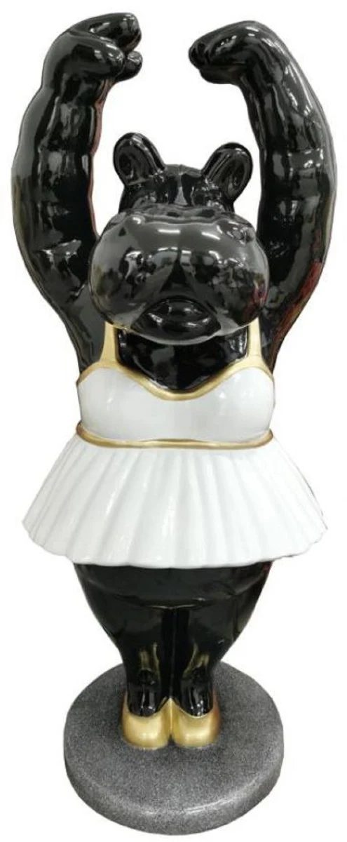 Casa Padrino Luxus Deko Skulptur Nilpferd Ballerina Schwarz / Weiß / Gold / Grau 43 x 43 x H. 98 cm - Wetterbeständige Dekofigur - Wohnzimmer Deko - Garten Deko - Terrassen Deko