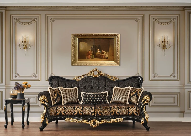 Casa Padrino Luxus Barock Sofa Schwarz / Gold 230 x 80 x H. 126 cm - Prunkvolles Wohnzimmer Sofa mit elegantem Muster und dekorativen Kissen - Barock Wohnzimmer Möbel