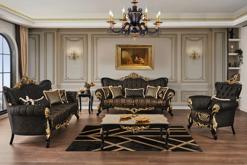 Casa Padrino Luxus Barock Sofa Schwarz / Gold 230 x 80 x H. 126 cm - Prunkvolles Wohnzimmer Sofa mit elegantem Muster und dekorativen Kissen - Barock Wohnzimmer Möbel