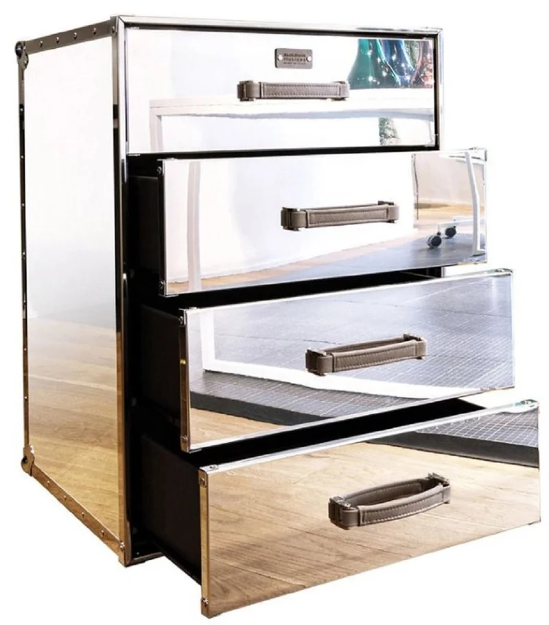 Casa Padrino Luxus Kommode im Koffer Design Silber 52 x 43 x H. 75 cm - Handgefertigte verspiegelte Aluminium Kommode mit 4 Schubladen und Rollen - Wohnzimmer & Büro Möbel