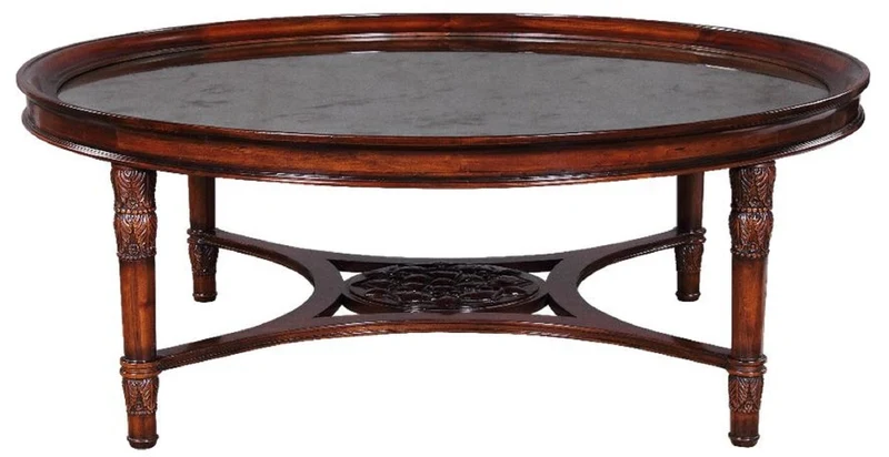 Casa Padrino Luxus Barock Couchtisch Dunkelbraun Ø 130 x H. 48 cm - Runder Mahagoni Wohnzimmertisch mit eglomisiertem Spiegelglas - Wohnzimmer Möbel im Barockstil