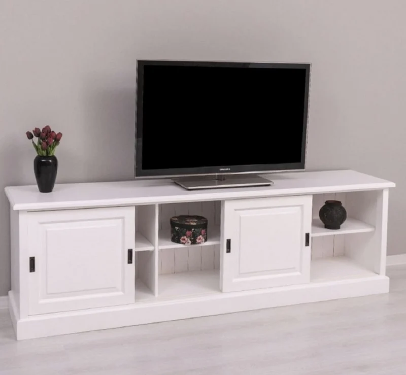 Casa Padrino Landhausstil TV Schrank Weiß 230 x 46 x H. 70 cm - Massivholz Sideboard - Landhausstil Wohnzimmer Möbel