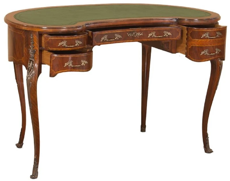 Casa Padrino Luxus Barock Schreibtisch Dunkelbraun / Hellbraun / Grün - Handgefertigter Mahagoni Schreibtisch mit 5 Schubladen - Edle Barock Büro Möbel
