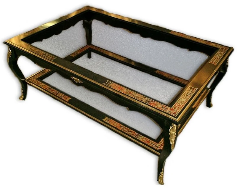 Casa Padrino Luxus Barock Boulle Couchtisch Schwarz / Rot / Gold 120 x 70 x H. 45 cm - Handgefertigter Massivholz Wohnzimmertisch mit Glasplatten - Edle Barock Möbel