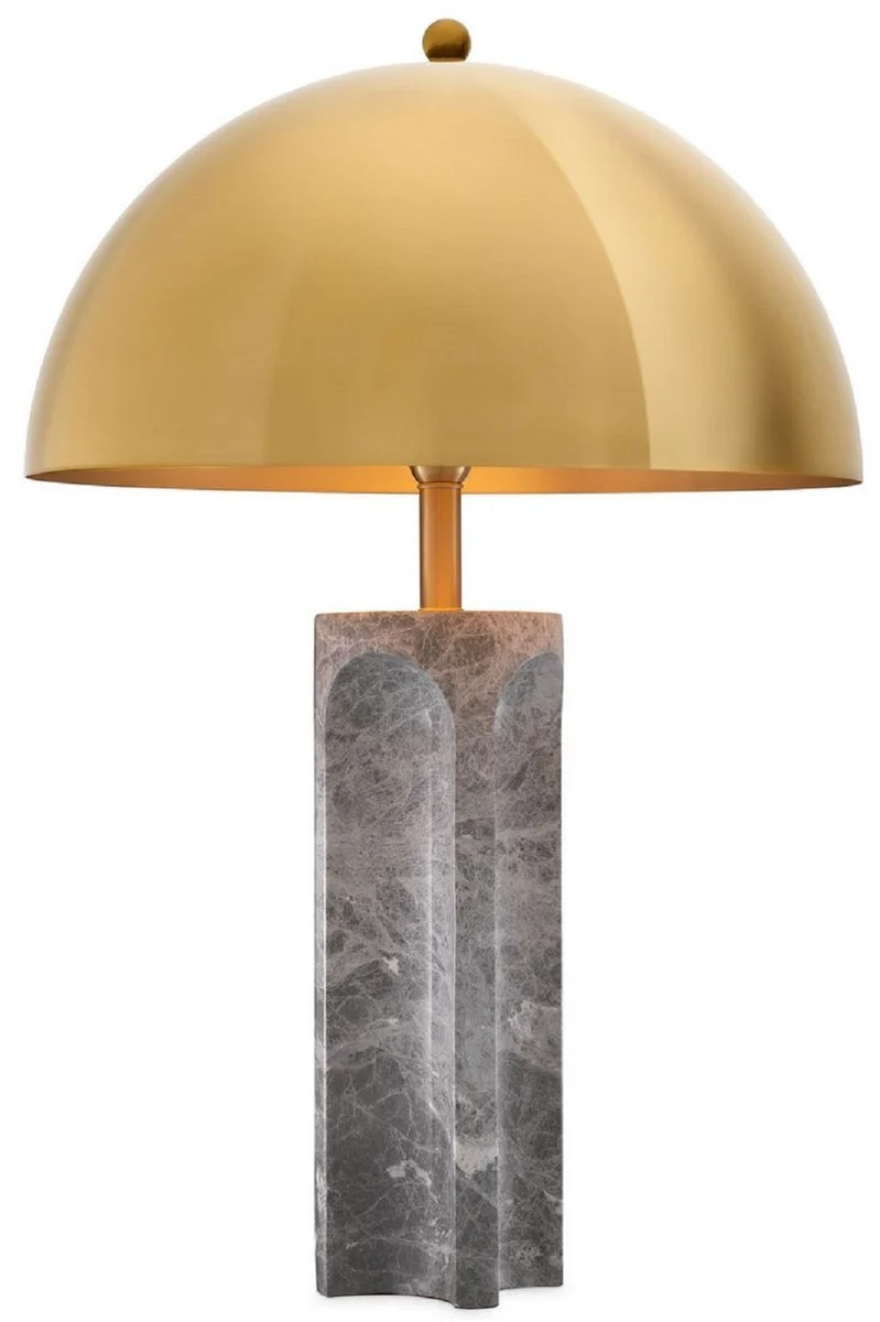 Casa Padrino Luxus Tischleuchte Grau / Antik Messingfarben Ø 50 x H. 76 cm - Moderne Marmor Schreibtischleuchte mit rundem Metall Lampenschirm - Luxus Leuchten