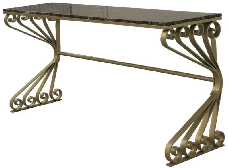 Casa Padrino Luxus Jugendstil Konsole Messingfarben / Grau 200 x 60 x H. 84 cm - Edler Konsolentisch mit Marmorplatte und handgefertigtem Schmiedeeisen Gestell - Wohnzimmer Garten Terrassen Möbel