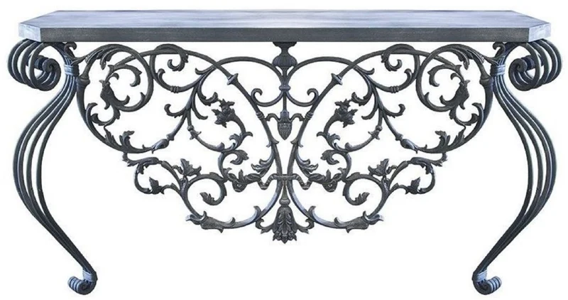 Casa Padrino Luxus Jugendstil Konsole Grau 150 x 45 x H. 90 cm - Handgefertigter Schmiedeeisen Konsolentisch mit Metall Tischplatte - Wohnzimmer Garten Terrassen Möbel