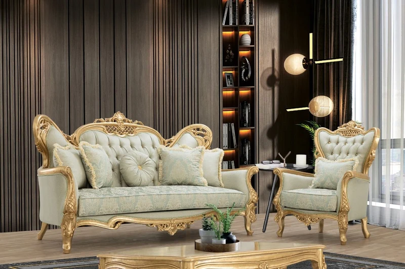 Casa Padrino Luxus Barock Sessel Hellgrün / Gold - Handgefertigter Wohnzimmer Sessel mit elegantem Muster und Glitzersteinen - Barock Wohnzimmer Möbel - Edel & Prunkvoll