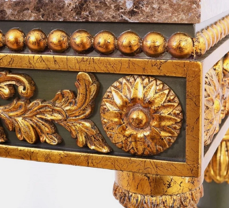 Casa Padrino Luxus Barock Konsole Grau / Antik Gold / Braun - Handgefertigter Massivholz Konsolentisch mit edlen Verzierungen und Marmorplatte - Barock Möbel