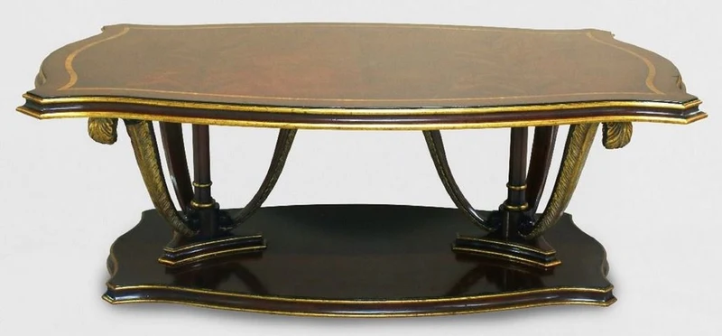 Casa Padrino Luxus Barock Couchtisch Braun / Gold 130 x 90 x H. 44 cm - Mahagoni Wohnzimmertisch mit dekorativen handgeschnitzten Federn - Edle Barockstil Wohnzimmer Möbel