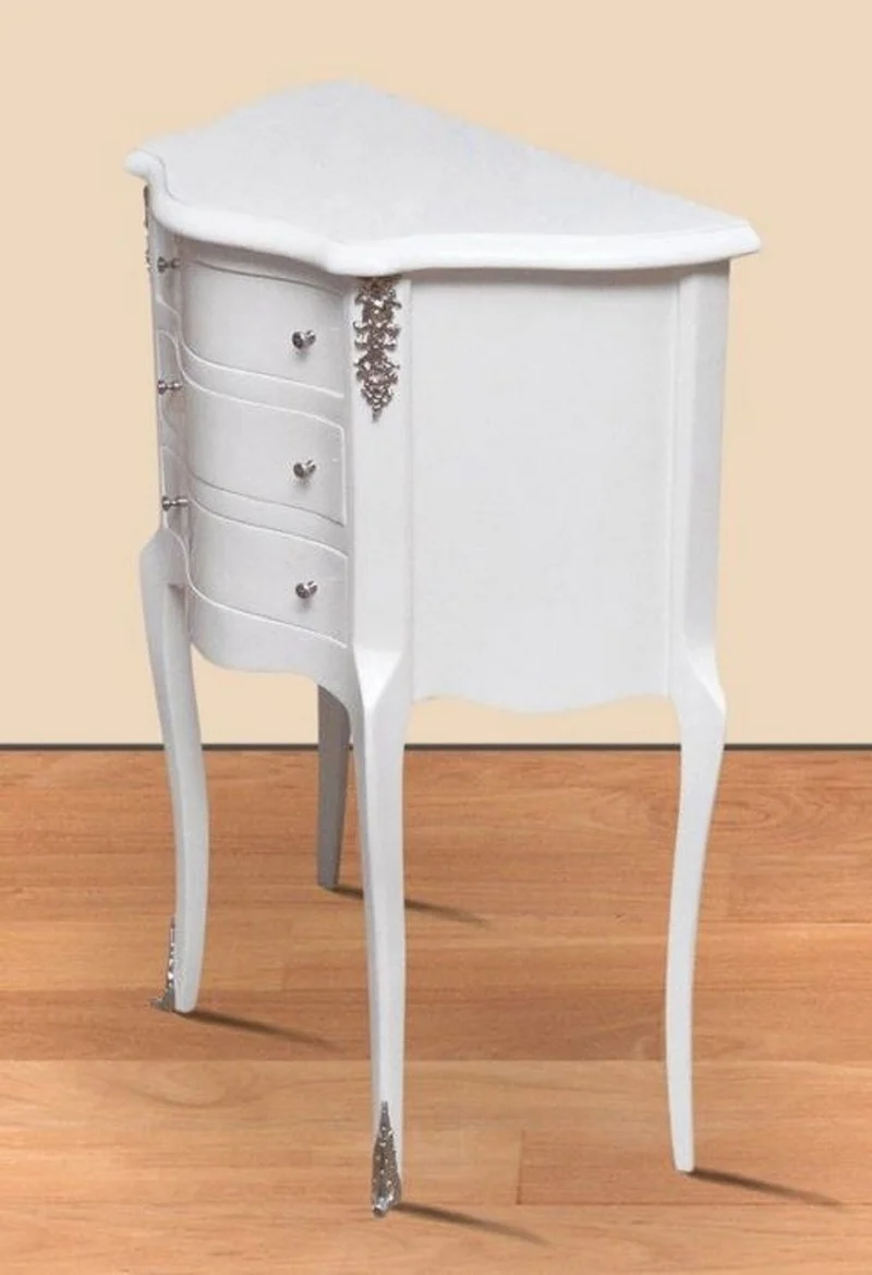 Casa Padrino Barock Nachtkommode Weiß / Silber - Massivholz Nachttisch - Beistelltisch mit 3 Schubladen - Handgefertigte Barock Möbel