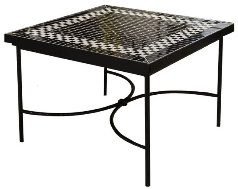 Casa Padrino Luxus Jugendstil Couchtisch Schwarz / Weiß 80 x 80 x H. 45 cm - Handgefertigter Schmiedeeisen Tisch mit Keramik Fliesen Tischplatte - Wohnzimmer Garten Terrassen Tisch Möbel